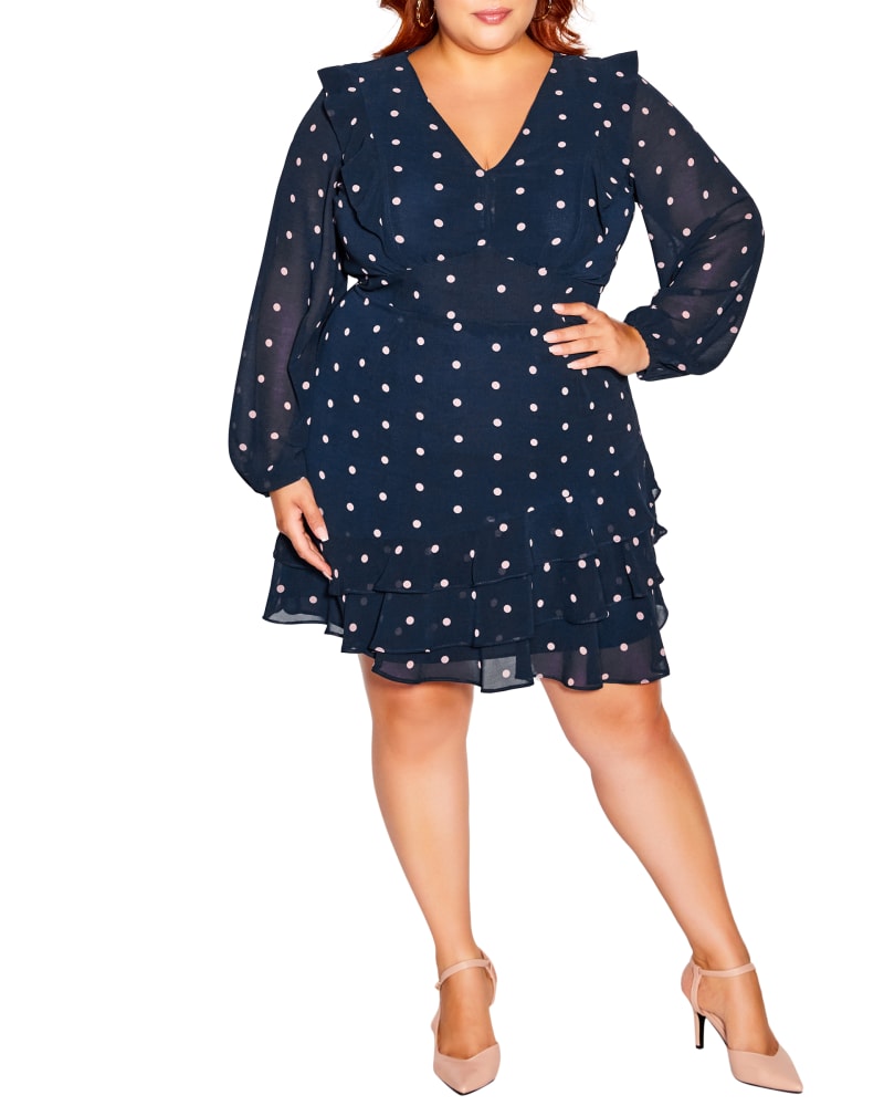 Front of a model wearing a size XXS DRESS SABRINA in Navy Polka Dot by City Chic. | dia_product_style_image_id:256420